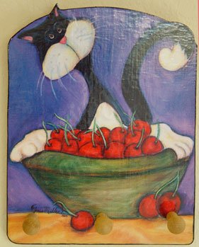 Tuxedo cat and Cherry Bowl leash holder rack key holder Outsider art