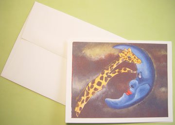 Giraffe jumping over Moon whimsical Art - Personalized Notecards