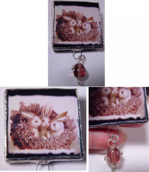 Trio Bunnies & Wisteria bouquet handmade nostalgia Glass Brooch Pin
