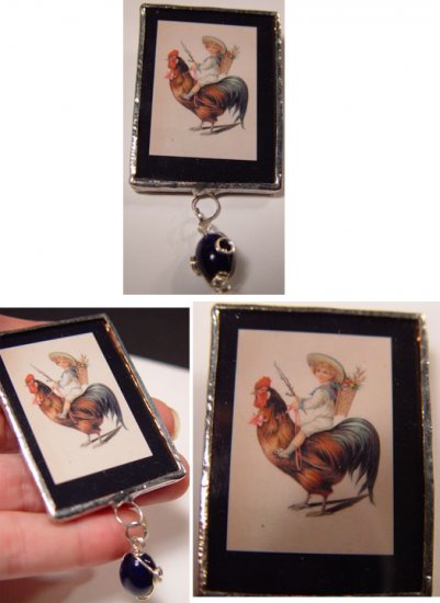 Little boy on Rooster surreal whimsical handmade nostalgia Glass Brooch Pin