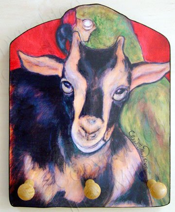 Green Macaw Parrot & Goat portrait leash holder - rack key holder