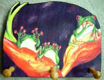 Frogs - red eyed frog trio leash holder - handmade rack key holder
