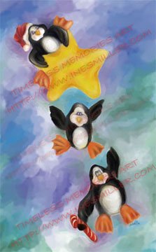 Penguins Trio Art print whimsical digital art painting penguins falling star