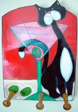 Tuxedo cat martini drink cocktail Key rack peg holder