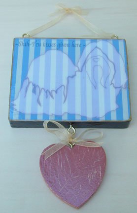 Country French Chic stripes sign SHIH TZU kisses whimsical wood plaque hanging heart