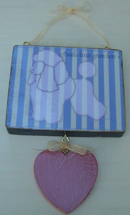 Country French Chic Whimsical Poodle dog kisses wood sign Lilac & Cream Stripes with hanging heart