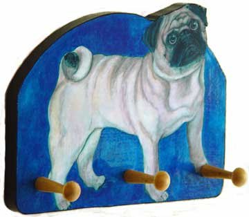 PUG Dog fawn pugsly doggy wood leash key rack peg dog leash holder