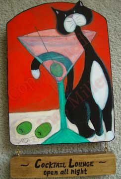 MARTINI COCKTAIL AND TUXEDO CAT Coctail Lounge wood sign kitty