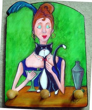 Red headed lady Tuxedo cat martini cocktail drink leash key rack holder surreal art