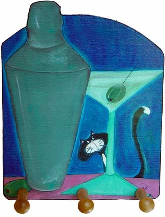 Curious Martini Kitty Leash key rack coat hanger Martini funky art tuxedo cat
