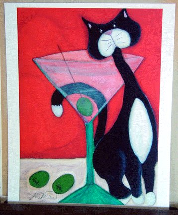 MARTINI COCKTAIL & TUXEDO CAT Outsider - Retro Art Print black & white kitty martini drink