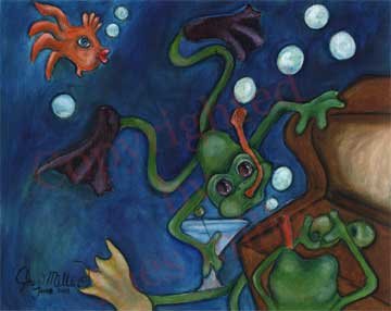 Diving Frog Orange fish treasure hunt Green Olives Outsider Surreal Surrealism Outsider Art Print