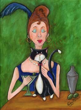 Red Headed lady tuxedo cat martini drink outsider art print