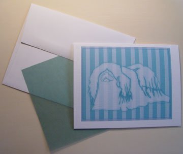Pekingese dog silhouette - Personalized Notecards whimsical stripes dog art note-cards aqua blue