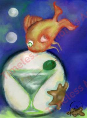 Orange Fish Martini drink cocktail Ocean bubble surreal whimsical art print