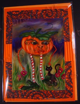 Greeting Card pumpkin and Black Kitty Halloween handmade greeting cards surreal