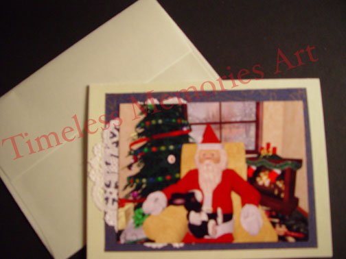 bunny on Santa's lap handmade Santa Claus GREETING CARD Christmas card warm xmas