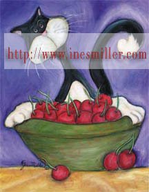 Tuxedo cat cherry bowl Outsider whimsical art NOTECARDS custom note cards set8