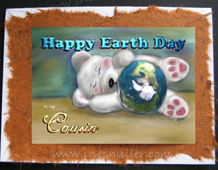 COUSIN Happy Earth Day Handmade Greeting Card personalized Bear blue planet Digital Art Painting