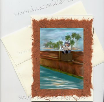 Handmade Card Fishing Teddy Bear BLANK PLAIN Collectible greeting Card Ines Miller