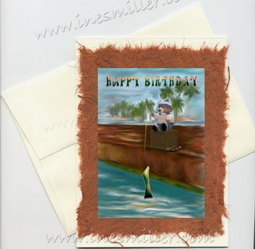 HAPPY BIRTHDAY First Birthday Handmade Greeting card Fishing Teddy Bear Original Art