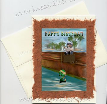 HAPPY BIRTHDAY 2 Second child Birthday Handmade Greeting card Fishing Teddy Bear Original Art