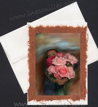 Greeting Card Handmade OOAK card Roses from my Garden Child bouquet pink roses art painting