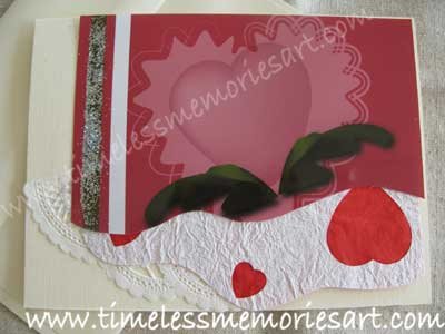 Valentine flower pink heart embellish with silver glitter handmade Greeting card