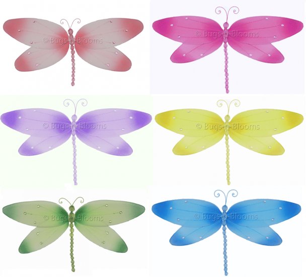 10"" Lot Crystal Dragonflies 6 piece Set dragonfly (Pink, Dark Pink (Fuschia), Purple, Yellow, Blue,