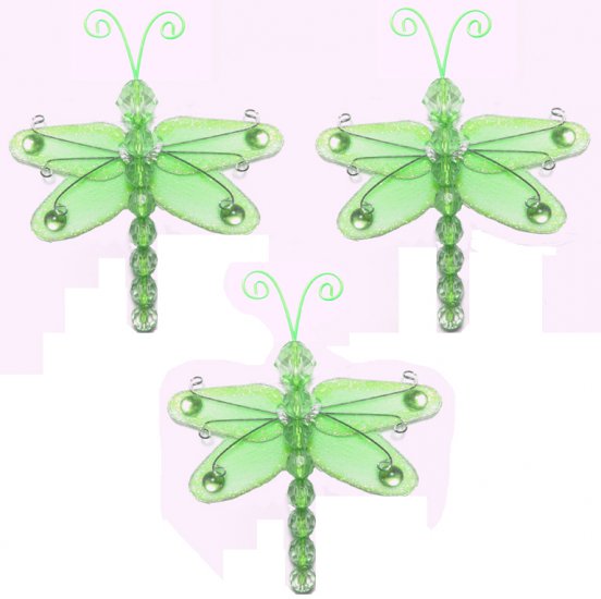 3"" Green Mini Wire Bead Dragonfly Dragonflies 3pc set - nylon hanging ceiling wall baby nursery roo
