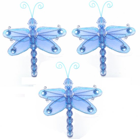 3"" Blue Mini Wire Bead Dragonfly Dragonflies 3pc set - nylon hanging ceiling wall baby nursery room