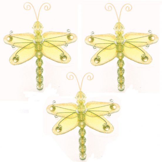 3"" Yellow Mini Wire Bead Dragonfly Dragonflies 3pc set - nylon hanging ceiling wall baby nursery ro