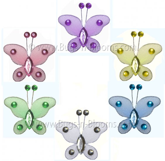 2"" Assorted Mini Bead Butterfly Butterflies 6pc set (Purple, Pink, Yellow, Blue, Green and White) -