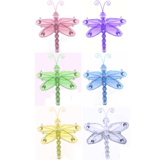 3"" Assorted Mini Wire Bead Dragonfly Dragonflies 6pc set (Purple, Pink, Yellow, Blue, Green and Whi
