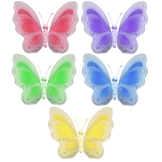 Lot Painted Butterflies 5 piece Set butterfly (Pink, Purple, Yellow, Blue, Green) - nylon hanging ce