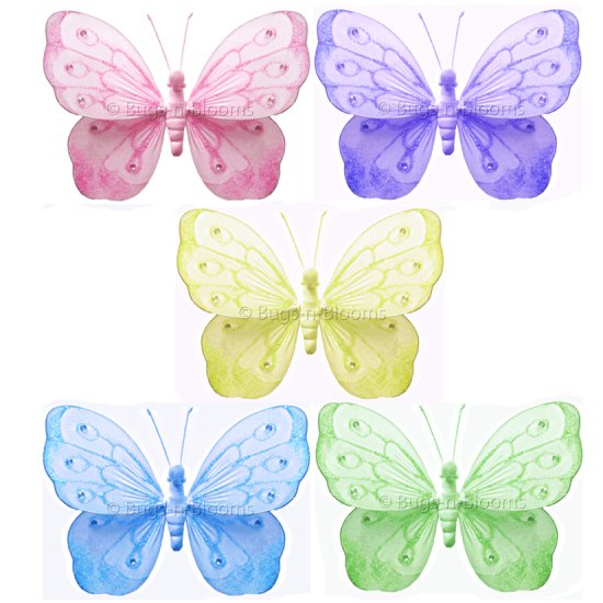 5"" Lot Shimmer Butterflies 5 piece Set butterfly (Pink, Purple, Yellow, Blue, Green) - nylon hangin