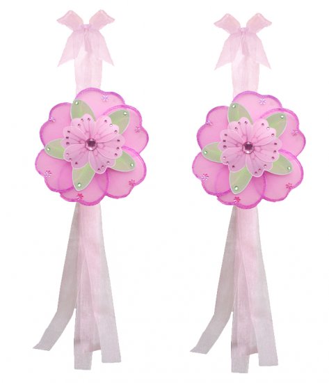 Dark Pink Green Pink Triple Layered Daisy Flower Curtain Tieback Pair / Set - holder tiebacks tie ba