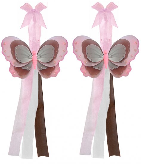 Pink Brown White Triple Layered Butterfly Curtain Tieback Pair / Set - holder tiebacks tie backs gir
