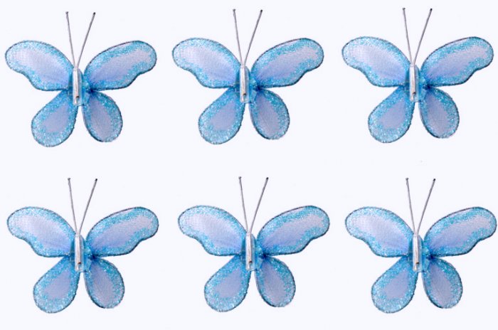 2"" Blue Mini Glitter Butterfly Butterflies 6pc set - nylon hanging ceiling wall nursery bedroom dec
