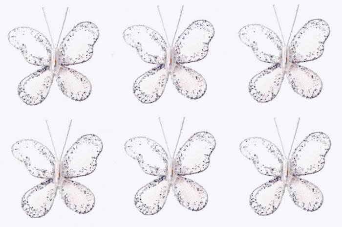 2"" White Mini Glitter Butterfly Butterflies 6pc set - nylon hanging ceiling wall nursery bedroom de