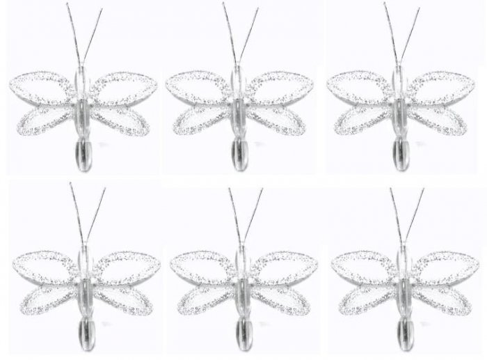 2"" White Mini Glitter Dragonfly Dragonflies 6pc set - nylon hanging ceiling wall nursery bedroom de