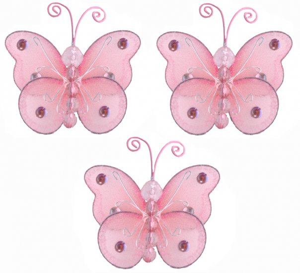 3"" Pink Mini Wire Bead Butterfly Butterflies 3pc set - nylon hanging ceiling wall nursery bedroom d