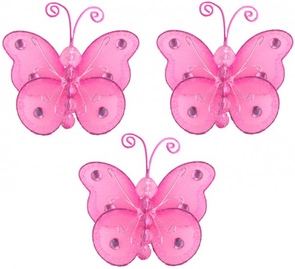 3"" Dark Pink (Fuschia) Mini Wire Bead Butterfly Butterflies 3pc set - nylon hanging ceiling wall nu