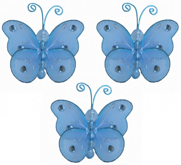 3"" Blue Mini Wire Bead Butterfly Butterflies 3pc set - nylon hanging ceiling wall nursery bedroom d