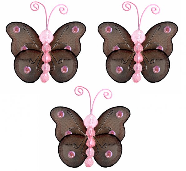 3"" Brown Pink Mini Wire Bead Butterfly Butterflies 3pc set - nylon hanging ceiling wall nursery bed