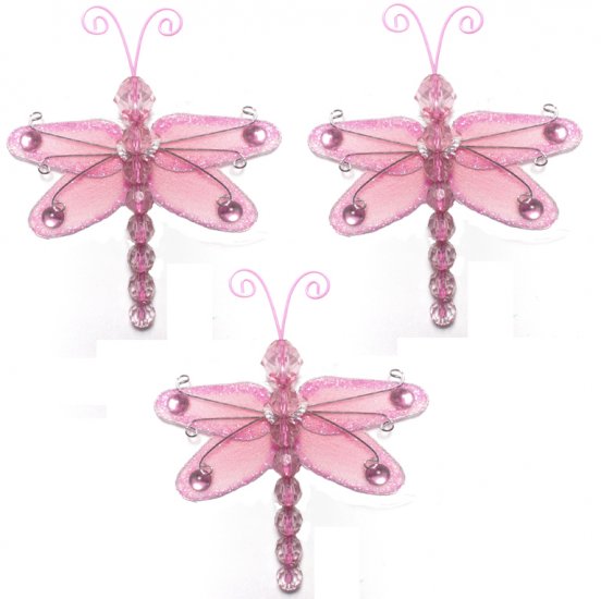 3"" Pink Mini Wire Bead Dragonfly Dragonflies 3pc set - nylon hanging ceiling wall nursery bedroom d