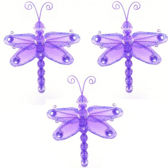 3"" Purple Mini Wire Bead Dragonfly Dragonflies 3pc set - nylon hanging ceiling wall nursery bedroom