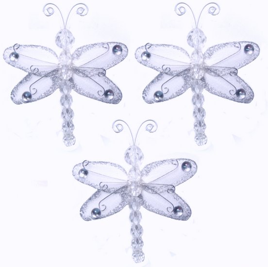 3"" White Mini Wire Bead Dragonfly Dragonflies 3pc set - nylon hanging ceiling wall nursery bedroom