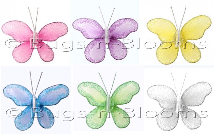 2"" Assorted Mini Glitter Butterfly Butterflies 6pc set - nylon hanging ceiling wall nursery bedroom