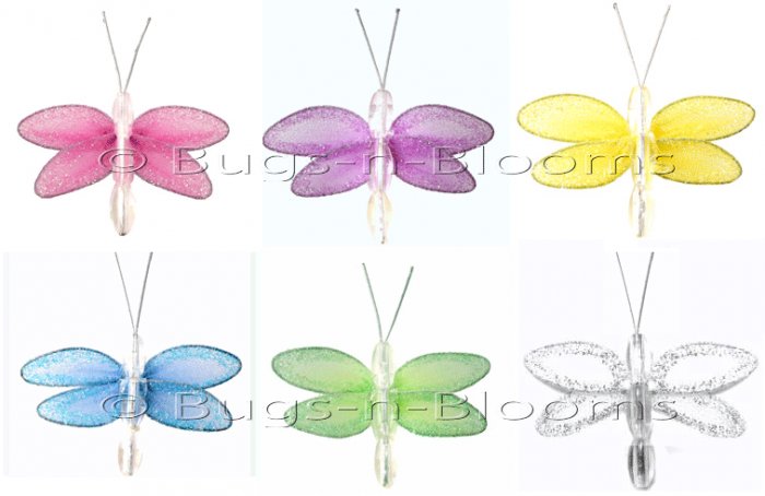 2"" Assorted Mini Glitter Dragonfly Dragonflies 6pc set - nylon hanging ceiling wall nursery bedroom